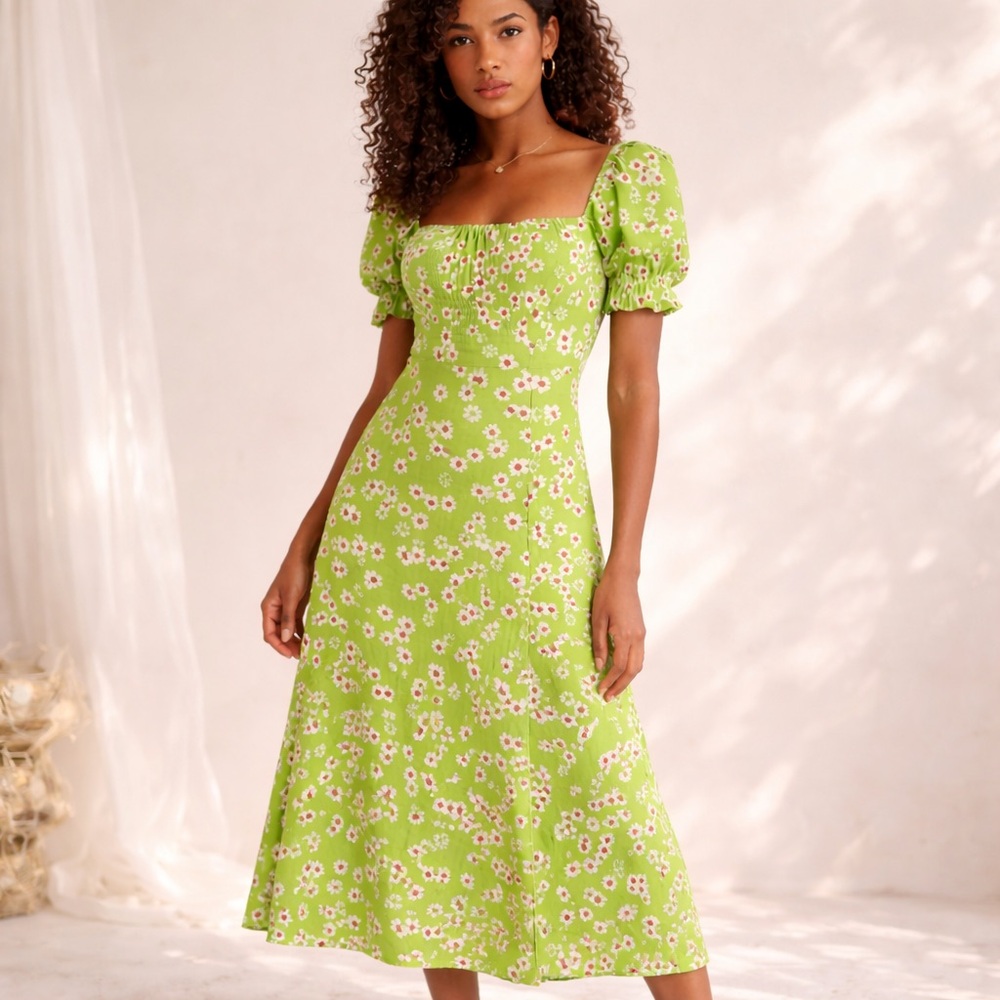 Faithfull the Brand Evelyn Midi Nap Dress Milkmaid Floral Lime Nap Sz XS